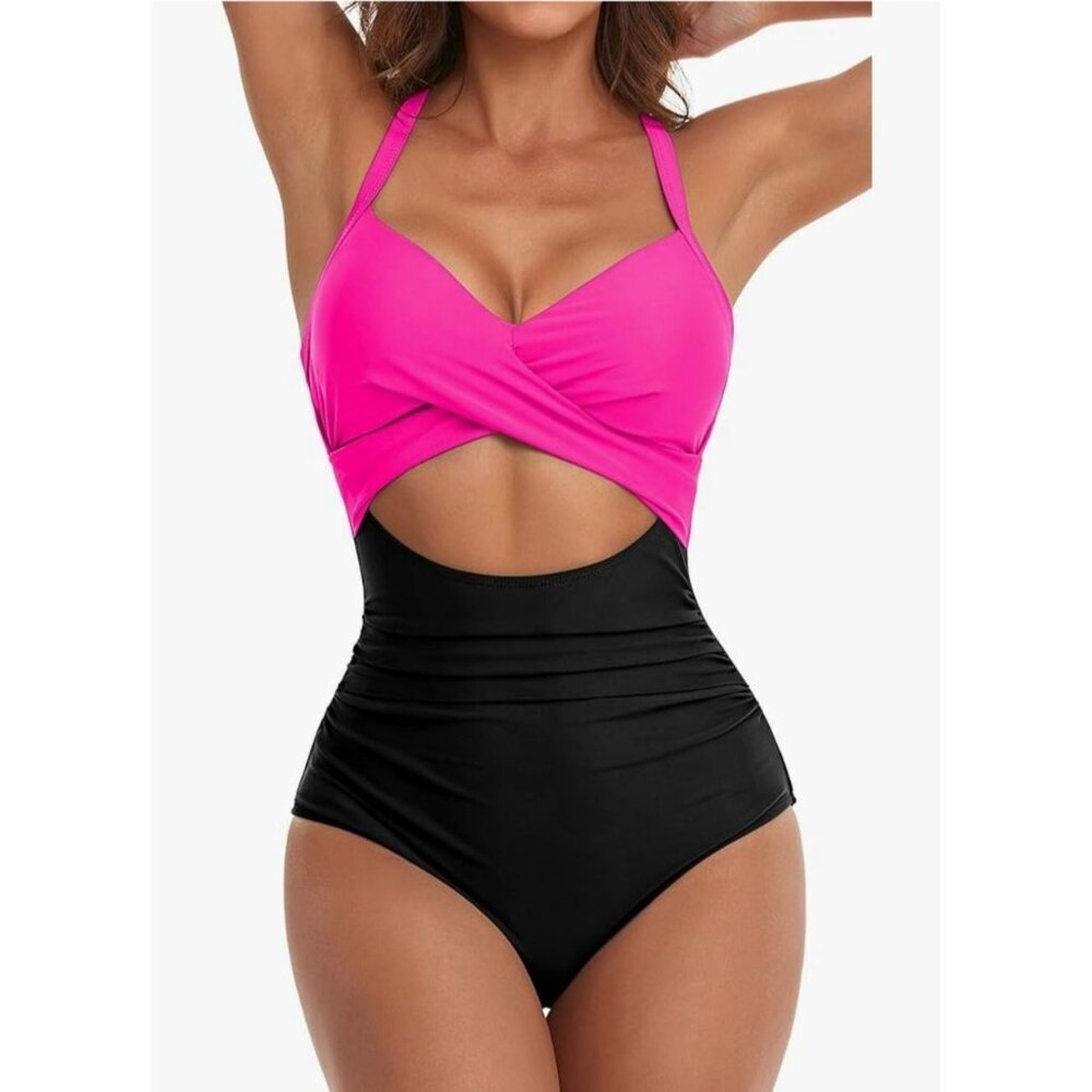 Womens XS Pink & Black Cutout One-Piece Swimsuit Adjustable Straps & Tie Back